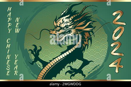 Hintergrund zum chinesischen Neujahrsfest 2024 unter dem Sternzeichen Drachen. Goldenes Bild eines Drachen auf grünem Hintergrund. Vektorbild. Stock Vektor