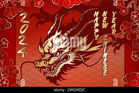 Drache, Symbol der chinesischen Neujahrsfeier 2024, Drachen Tierkreiszeichen. Ich wünsche Ihnen ein frohes neues Jahr. Der goldene Drache ist auf einem rot-goldenen Drachen abgebildet Stock Vektor