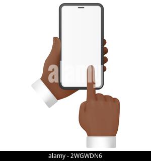 Menschliche Hände halten das Mobiltelefon und zeigen mit dem Finger auf die Vektorillustration des leeren Bildschirms Stock Vektor