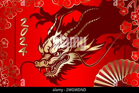 Drache, Symbol der chinesischen Neujahrsfeier 2024, Drachen Tierkreiszeichen. Goldener Drache auf einem rot-goldenen Hintergrund mit Sakura-Blumen und einem Fächer. Vec Stock Vektor
