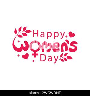 Happy Women's Day Hand gezeichnete Lettering Vektor Illustration mit Blumen und Herz Ikonen. Frauentag-Drehbuchkalligraphie für Postkarte, Poster, Banner Stock Vektor