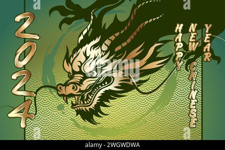 Hintergrund zum chinesischen Neujahrsfest 2024 unter dem Sternzeichen Drachen. Goldenes Bild eines Drachen auf grünem Hintergrund. Vektorbild. Stock Vektor