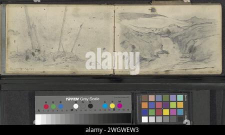 Gegliederte russische Grabkreuze auf Wrongeliland in der Kruisbaai, Nova Zembla, Louis Apol, 1880 Seite 29 Verso aus einem Skizzenbuch mit 35 Blättern für die Expedition nach Nova Zembla im Jahr 1880. Neues Zembla-Papier. Bleistift (hoch) Hügel. Andere Arten von Grabmarkierungen, z. B. Kreuzmond Stockfoto