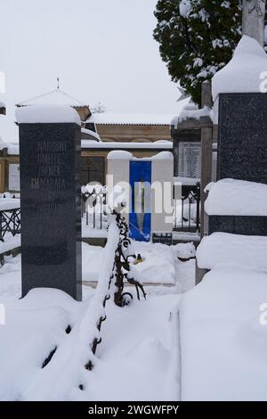Prag, Tschechische Republik - 3. Dezember 2023 - Winter in Prag Stadt. Der Slavin - der Vysehrader Friedhof an einem verschneiten Nachmittag Stockfoto