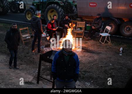 La Fondarella, Lleida, Spanien. Februar 2024. Hunderte katalanischer Bauern und Viehzüchter blockieren den Zugang zur A-2 in La Fondarella, Lleida mit ihren Traktoren und schließen sich den Protesten auf europäischer Ebene im ersten Sektor an. Die Landwirte fordern ein Ende des unlauteren Wettbewerbs für Erzeugnisse, die aus Drittländern eingeführt werden, Unterstützung angesichts überhöhter Preise aufgrund der Auswirkungen der Dürre und Erleichterung der Bürokratie. (Kreditbild: © Marc Asensio Clupes/ZUMA Press Wire) NUR REDAKTIONELLE VERWENDUNG! Nicht für kommerzielle ZWECKE! Stockfoto