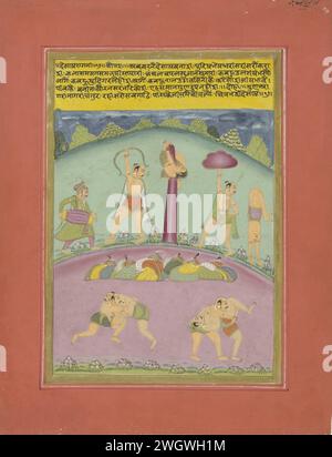 Desakh Raginii, anonym, 1700 - 1800 indische Miniatur. Vor einem lilafarbenen Hintergrund sind zwei Wrestlerpaare im Vordergrund beschäftigt, ihre Kleidung stapelt sich auf einem ordentlichen und bunten Haufen hinter ihnen, am Rand des Lila-Feldes und vor der hellgrünen Wiese hinter ihnen vier Akrobaten, die ihr Können zeigen. links ein Diener, der ein Kissen zieht; die Feldränder sind mit symmetrischen Blütenpollen verziert und am Horizont stehen einige Bäume vor einem grau-blauen Himmel; oben eine schwarze Inschrift auf gelbem Hintergrund. Die Show wird von einer goldfarbenen Paspel und einem Stockfoto