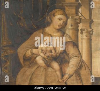 Jungfrau und Kind, Pordenone (Kreis von), 1525 - 1550 Gemälde unvollendete Darstellung von Maria mit Kind. Das Christkind sitzt auf Marias Schoß, mit einer Rose in den Händen. Rechts zwei Spalten mit Großbuchstaben. Leinwand Madonna: Maria sitzend oder thronend, das Christuskind auf ihrem Schoß (oder vor ihrem Busen) (Maria stellte manchmal halblang dar) Stockfoto