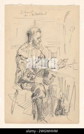 Silberschmied in der wiederaufgebauten Stadt Oud-Holland auf der Weltausstellung für das Hotel- und Reisesystem von 1895, Jan Hoynck van Papendrecht, 1895 zeichnet Ein Mann in Kleidung des 17. Jahrhunderts sitzt an einem Tisch und hält ein Objekt in der linken Hand und ein Werkzeug in der rechten Hand. Amsterdam Papier. Bleistiftschmuck, Goldschmied, Silberschmied. Temporäre Ausstellung, „Salon“ Stockfoto