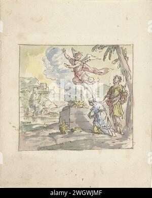 Das Opfer von Manoach, Elias van Nijmegen, 1677–1755 Zeichnung für ein Gemälde. Papier. Tinte. Aquarell (Farbe). Bleistiftbürste / Stift Manoahs Opfer; der Engel steigt in den Flammen auf Stockfoto