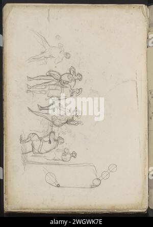 Gruppe von Männern im Kostüm des 17. Jahrhunderts, 1837 - 1881 die Männer stehen und sitzen neben und auf einem Tisch. Blatt 33 rückseitig aus einem Skizzenbuch mit 33 Blättern und 10 separaten Zeichnungen. Papier. Bleistift historisches Kostüm (+ Herrenkleidung) Stockfoto