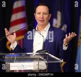 Westwego, USA. Februar 2024. Der Gouverneur von Louisiana, Jeff Landry, spricht während der Jahrestagung der Handelskammer von Jefferson 2024 im Alario Center in Westwego, Louisiana am Dienstag, den 6. Februar 2023. (Foto: Peter G. Forest/SIPA USA) Credit: SIPA USA/Alamy Live News Stockfoto