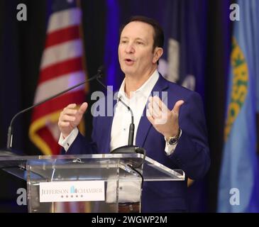 Westwego, USA. Februar 2024. Der Gouverneur von Louisiana, Jeff Landry, spricht während der Jahrestagung der Handelskammer von Jefferson 2024 im Alario Center in Westwego, Louisiana am Dienstag, den 6. Februar 2023. (Foto: Peter G. Forest/SIPA USA) Credit: SIPA USA/Alamy Live News Stockfoto