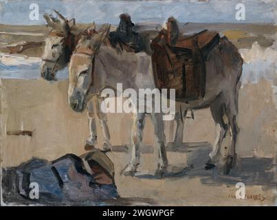 Zwei Esel, Isaac Israels, 1897 - 1901 zwei Sättel am Strand malen. Im Vordergrund links ein schlafender Junge. Pappe. Ölfarbe (Farbe) Eselreiten (am Strand) Stockfoto