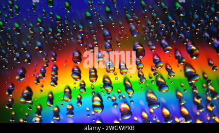 Wassertropfen auf farbenfrohem Hintergrund mit Regenbogenverlauf. Makrofotografie von Wassertröpfchen auf abstraktem Hintergrund, Nahaufnahme Stockfoto