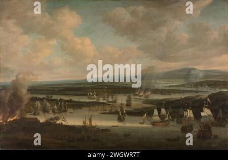 Burning of the English Fleet nahe Chatham (19-24. Juni 1667), Willem Schellinks, 1667–1678 Gemälde Burning the English Fleet nahe Chatham, während der Reise nach Chatham. Der Angriff der niederländischen Flotte auf die englische Flotte, die am Fluss Medway vor Anker lag, einem Nebenfluss der Themse, wird vorgestellt. Im Vordergrund geht das eroberte Fort Sheerness in Flammen auf. Rechts von drei brennenden englischen Schiffen ist die Eroberung des Flaggschiffs Royal Charles zu sehen. Die Zerstörung der englischen Flotte in der Nähe von Chatham war eine wichtige Episode aus dem Zweiten Englischen Seekrieg (1665–1667). Amsterdam canva Stockfoto