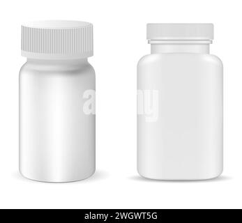 Plastik-Pillenflaschenmockup. Ergänzungsdose, isolierte realistische Vektorvorlage. Vitamintablettenbehälter, Arzneimittelprobe Stock Vektor