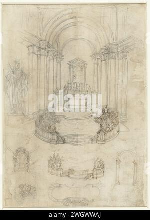 Der Chor einer Kirche und andere architektonische Skizzen, Giovanni Battista Foggini, 1662–1725 Zeichnung Architectural Sketch Magazin: Der Chor einer Kirche, ein Altar, Karte und eine heilige Szene. Papier. Tinte. Kreidestift-Altar. Planung  Architektur. Innenraum der Kirche. Innenraum  Architekturdesign oder Modell Stockfoto