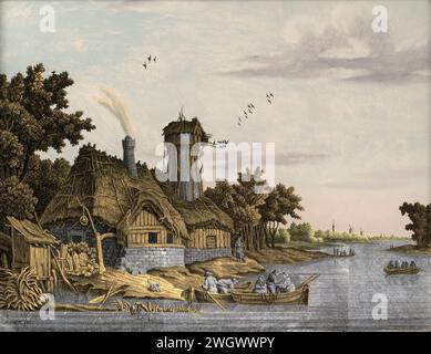 Mühle entlang eines Flusses, Jonas Zeuner, 1770 - 1814 Gemälde Mühle am Fluss. Am Ufer eines Flusses befindet sich ein altes Bauernhaus mit einer baufälligen Mühle. Es gibt ein paar Ruderboote auf dem Wasser mit Boardern. Auf eine Arbeit von F.E. Weirotter? Glaswindmühle in der Landschaft Stockfoto