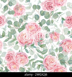 Eukalyptus und rosafarbene Rosen Zweige Aquarell handgezeichnet nahtlose Blumenmuster. Botanisches Gemälde von grünen Blättern, rosa Blumen. Element von Stockfoto