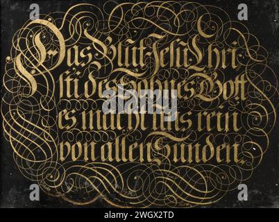 Hinter-Glas-Gemälde mit Kalligraphisch Spruch: Das Blut Jesu Christi des Sohnes Gottes reinigt uns von allen Sünden, Johann G. M, 1678 Gemälde Geruch -souverän Sprow traf de Tekst: Das Blut Jesu Christi des Sohnes Gottes macht uns rein durch alle Sünden. Träger: Glas. Träger: Gold (Metall). Liste: Holz (Pflanzenmaterial) Kalligraphie Stockfoto