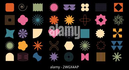 Große Menge von vektorbrutalistischen geometrischen Formen. Trendige abstrakte, minimalistische Figuren und Elemente. . Moderne, trendige Grafikelemente. Abbildung in Retro Stock Vektor