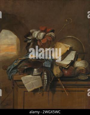 Vanity Stillleben, Cornelis Brisé, 1665 Gemälde Vanitas Stillleben. Stillleben mit einem Helm mit Federn, einem Blatt Papier mit frischem und Siegel, einem kuras, Büchern, einem Dudelsack, einer Laute und einer Trompete, Handschellen, einem Banner, einem Bischofsstab, einer Schaufel, ein Turban mit Krone und Globus. Leinwand. Ölfarbe (Farbe) Stillleben verwandter Objekte. Helm. Rüstung. Buch Stockfoto