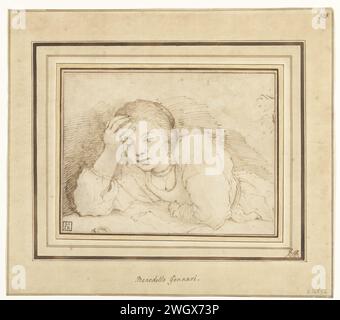 Studie einer jungen Frau, die sich über einen Tisch beugt, Benedetto Gennari, 1643 - 1715 Zeichenpapier. Tintenstift Jugendliche, junge Frau, Jungfrau. Nach vorne lehnen – AA – weibliche menschliche Figur. Sitzende Figur - AA - weibliche menschliche Figur Stockfoto