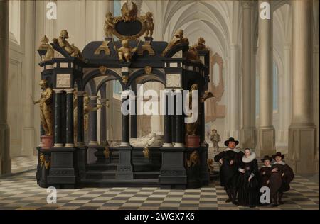 Eine Familie neben dem Grab von Prinz Wilhelm I. in der Nieuwe Kerk, Delft, Dirck van Deel, 1645 Gemälde Portrait einer unbekannten Familie, die am pralen Grab von Prinz Wilhelm I. in der Nieuwe Kerk in Delft steht. Bereich. Ölfarbe (Farbe) Grabbau, monumentales Grab. Familiengruppe, insbesondere Eltern mit ihrem Kind(en) Delft. Neue Kirche Stockfoto