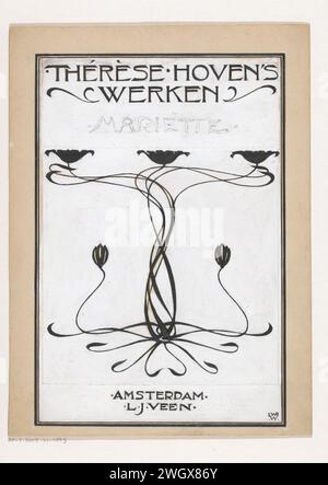Banddesign für: Thérèse Hoven, Mariëtte, 1898, Willem Wenckebach, in oder vor 1898 Zeichnung Design mit fünf stilisierten Blumen, deren Stiele in Form von gekrümmten Linien in einem glatten Muster überlappen. Pappe. Papier. Tinte für Indien (Tinte). Deckfarbe. Bleistift / Pinsel Blumen  Ornament - AA - stilisiert Stockfoto