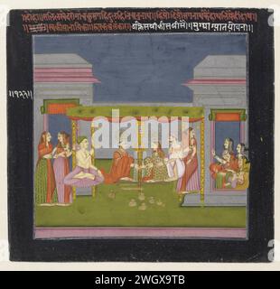 Das Siegel der Ehe, Anonym, ca. 1765 - ca. 1780 indische Miniatur unter einem grünen mit rotem Baldachin, das Brautpaar sitzt auf einem Deck und legt ihre Hände um einen zeremoniellen Pfosten; die Hochzeitsgäste stehen links und rechts für die offenen Palasttüren; im Vordergrund eine Sammlung goldfarbener Gläser. Die Show ist von einem breiten dunkelblauen Rand eingerahmt und von ihr durch weiße Rahmen getrennt; im oberen Rand ist ein altindischer Text teils rot, teils weiß. Zentralindien-Papier. Gouachebürste (Farbe) Stockfoto