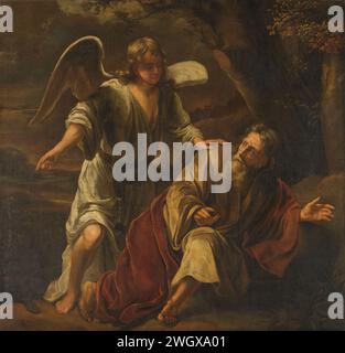 Biblische Szene, Ferdinand Bol (abgelehnte Zuschreibung), ca. 1645 - ca. 1669 Gemälde biblische Ausstellung, vielleicht der Prophet Elia von einem Engel besucht. Leinwand. Ölfarbe (Farbe) ein Engel weckt Elijah; ein Brotlaib und ein Glas Wasser liegen meist an Elijahs Kopf Stockfoto