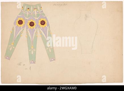 Drei Segmente einer Vase, gemalt mit stilisierter Coreopsis mit einer Skizze der Vase der Vase, Anatole-Alexis Fournier, 1897 Sèvres-Papier. Aquarell (Farbe). Tinte. Graphit (Mineral) Stiftbehälter aus Keramik: Glas, Kanne, Topf, Vase. Blumen  Ornament Stockfoto