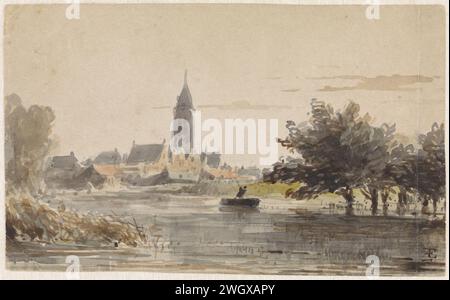 Blick auf eine Stadt, von einem Fluss aus gesehen, Adrianus Eversen, 1828 - 1897 Zeichenpapier. Aquarellpinsel (Farbe) Stockfoto
