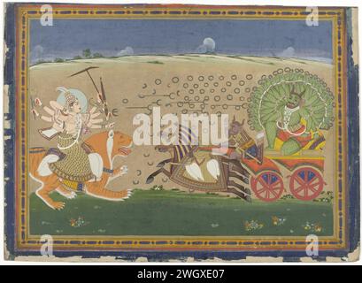 Kampf zwischen Durga und Nicumba, Anonym, 1770 - 1790 indische Miniatur. Er zeichnet die Göttin mit vier Armpaaren und sitzt auf einem Tiger im Kampf mit dem grünen Dämon auf einem Wagen, der von zwei Pferden mit einem Reiter gezogen wird. Die Show wird von einem dekorativen Rand aus blauen geometrischen Motiven auf Gelb eingerahmt, um sie herum eine dünne rote Paspelierung und breite dunkelblaue Seffen-Grenze; Außenrand beschädigt und fast abgeschnitten oben. Kragenpapierbürste Stockfoto