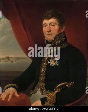 Jan Blanken Jansz., Superintendent or Waterworks, Jean Augustin Daiwaille, 1820–1838 Gemälde Jan Blanken (1755–1838) trägt die Uniform des Generalinspektors des Waterstaates. Er trägt den Ordensauftrag, der (von links nach rechts) dem Orden des Roten Adlers von Preußen, dem Orden des niederländischen Löwen und dem Orden der Ehrenlegion gehört. Die Willemsluizen in Amsterdam sind wahrscheinlich im Hintergrund dargestellt. Die Willemsluizen bilden den Zugang zum Noord-Hollands-Kanaal, der 1824 fertiggestellt wurde und eines der berühmtesten Werke der hydraulischen Weißen war. Die Sperren waren Name Stockfoto