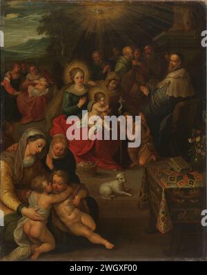 Die heilige Verwandtschaft Frans Francken (II), das Gemälde Allegory über das Christuskind als das Lamm Gottes. Die Anbetung von Maria und dem Kind. Innenraum mit zwei Frauen mit Kindern, die an einem Tisch vor einer Wand sitzen, auf der eine große religiöse allegorische Darstellung gemalt ist: In der Mitte ist Maria mit dem Christuskind, Johannes der Täufer als Kind und die Heilige Anna, im Vordergrund das Lamm Gottes. Rechts sitzender Bischof mit einem Buch, dahinter Jünger. Die Taube des Heiligen Geistes fliegt über dieser Gruppe. Auf dem Tisch ein östliches Kleid, ein Buch und ein Blumenstrauß in einer Vase. Kupfer (Met Stockfoto