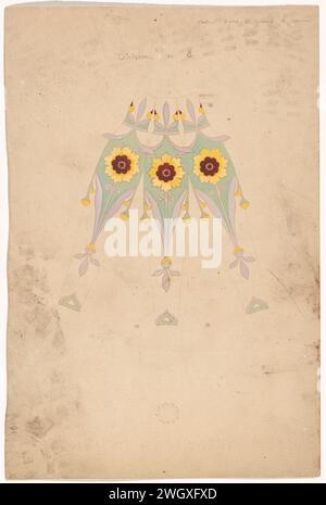 Drei Segmente einer Vase, gemalt mit stilisierter Coreopsis, Anatole-Alexis Fournier, 1897 Sèvres-Papier. Aquarell (Farbe). Tintenstift Blumen  Ornament Stockfoto