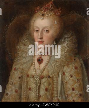 Porträt von Elisabeth I., Königin von England, Anonym, 1550 – 1599 Gemälde Porträt von Elisabeth I. (1533–1603), Königin von England. Büste, leicht nach links gedreht. In einem Kleid mit offenem Hals, geschmückt mit Edelsteinen. Um den Hals und den Kopf trägt sie Schmuck mit Perlen und Edelsteinen. England-Panel. Ölfarbe (Farbe) historische Personen - BB - Frau Niederlande Stockfoto