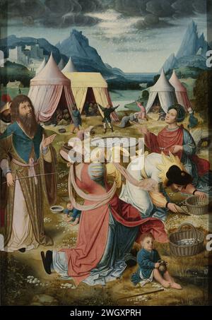 Sammlung von Manna (innerer, rechter Flügel eines Triptychons), anonym, ca. 1510 - ca. 1520 Gemälde der rechten Seitenwand eines Altaraufsatzes mit den Manrowegen auf der Innenseite. Moses sieht links, wie zwei Frauen und ein Mann das gefallene Manna vom Boden sammeln und sich um die Luft kümmern. Vorne ist ein Junge mit einem Topf, im Hintergrund das Zeltlager der Israeliten. Außen die weibliche Personifikation der christlichen Kirche Ecclesia: Eine stehende Frau mit Kelch und Wirt. Von der ehemaligen St. Agnesklooster (Gasthuis) in Goes. Anhänger von SK-A-866. Antwerpen Panel. Ölfarbe (Farbe) i Stockfoto