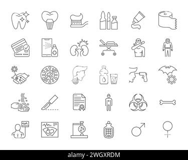 Symbole Für Medizinische Vektoren. Liniensymbole, -Zeichen und -Symbole im linearen Design. Medizin, Gesundheitswesen und Coronavirus COVID-19 Pandemie. Mobile Konzepte und Stock Vektor