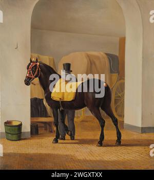 Adriaan van der Hoop’s Trotter „de Rot“ im Kutschenhaus, Anthony Oberman, 1828 Gemälde der Renpaard oder Harddraver „de Rot“ von Adriaan van der Hoop im Kutschenhaus in Santpoort mit einer Decke über dem Rücken. Im Hintergrund ein Mann an einem Wagen, ein Eimer links. Leinwand. Ölfarbe (Farbe), Kutschenhaus. Pferd Santpoort Stockfoto