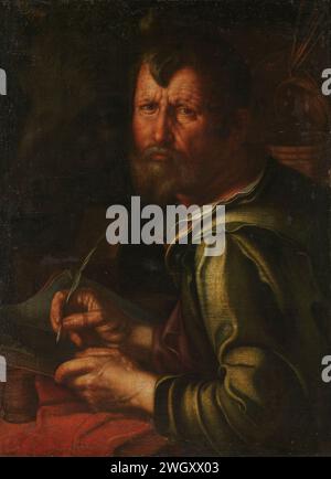 Der Evangelist St. Lukas, Joachim Wtewael, 1610–1615 Gemälde des Evangelisten Lucas, Halbfigur in einem Buch. Im Hintergrund links der Kopf eines Stiers, rechts ein Korb mit einem Krug. Anhänger von SK-A-1697. Leinwand. Ölfarbe (Farbe) St.. Lukas schreibt sein Evangelium, normalerweise ein (geflügeltes) Ochsengeschenk Stockfoto