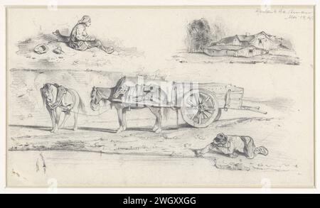 Studienmagazin mit der Präsentation eines Muschelfischers, kniend auf den Ufern liegend, Anonym, 1800 - 1900 Zeichnung Arbeitsblatt mit einem Muschelfischer. Neben ihm ein Wagen mit zwei ruhenden Pferden. Links oben: Mann mit Hund, auf einem Hügel sitzend; rechts oben: Bauernhof. Papier. Bleistift-(Farm-)Wagen, Güterwagen, Wagen. Muschelfischerei Stockfoto