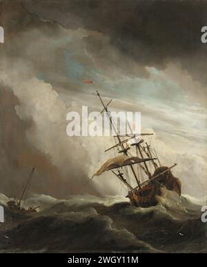 Ein Schiff auf hoher See, gefangen von einer Squall, bekannt als „die Gust“, Willem van de Velde (II), um 1680, Ein Schiff auf hoher See bei einem Sturm malend; Präsentation bekannt als „de Wind Stoot“. Ein Dreimast auf hoher Welle, ein kleineres Schiff links. Anhänger von SK-C-244. Leinwand. Ölfarbe (Farbe) stürmt auf See. Segelschiff, Segelboot Stockfoto