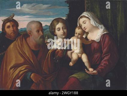 Wird Palma il Vecchio zugeschrieben – Sacra Conversazione die Madonna und das Kind mit den Heiligen Maria Magdalena, Peter und Peter Martyr, 5334237. Stockfoto