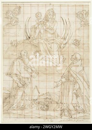 Madonna geehrt von zwei Heiligen, Jacopo da Empoli (Kreis von), 1575–1700 Zeichnung Madonna Tronend auf einem Halbmond auf Wolken, verehrt von zwei Heiligen (möglicherweise der Heilige Benedikt oder der Heilige Fredian), die vor ihr knien. Design für ein Gemälde. Papier. Graphit (mineralisch). Kreide. Tintenstift / Pinsel Benedikt von Nurcia, Abt von Monte Cassino und Gründer des Benediktinerordens; mögliche Attribute: Aspergillum, Buch, Becher (manchmal gebrochen), Raben mit Brot, Sieb (oder Fach). Madonna begleitet von saint(s) Stockfoto