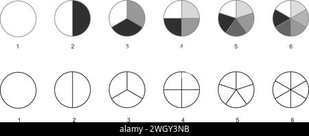 Kreis teilt sich in Teile von 1 bis 6. Vorlagen für Donut-, Pizza- oder Tortendiagramme. Runde Formen schneiden in gleichen Schichten. Satz Raddiagramme isoliert auf weißem Hintergrund. Vektorkontur, Abbildung Stock Vektor