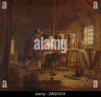 Flirtet in Einem Kuhstall, Govert Dircksz. Camphuysen, 1645 - 1672 beim Anmalen eines Hustens erschreckt ein Diener ein Bauernmädchen, indem er von hinten ihren Stuhl greift. Zwei Kühe beobachten, es gibt Fässer, Körbe und einen großen Topf auf dem Boden. Bereich. Ölfarbe (Lack) blockiert, stabil. Liebhabertreffen Stockfoto