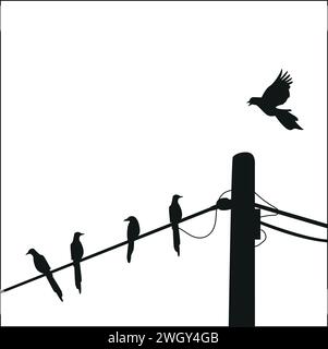 Vogelsilhouette auf elektrischen Drähten Stock Vektor