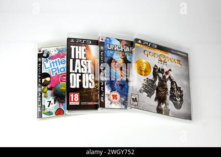 Exklusive PlayStation 3 -Spiele für PS3 (The Last of US, Little Big Planet, Uncharted und God of war) – Wales, Großbritannien – 6. Februar 2024 Stockfoto